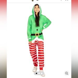 NWT Tipsy Elves Elf Jumpsuit onesie S hoodie ugly festive Christmas pockets!
